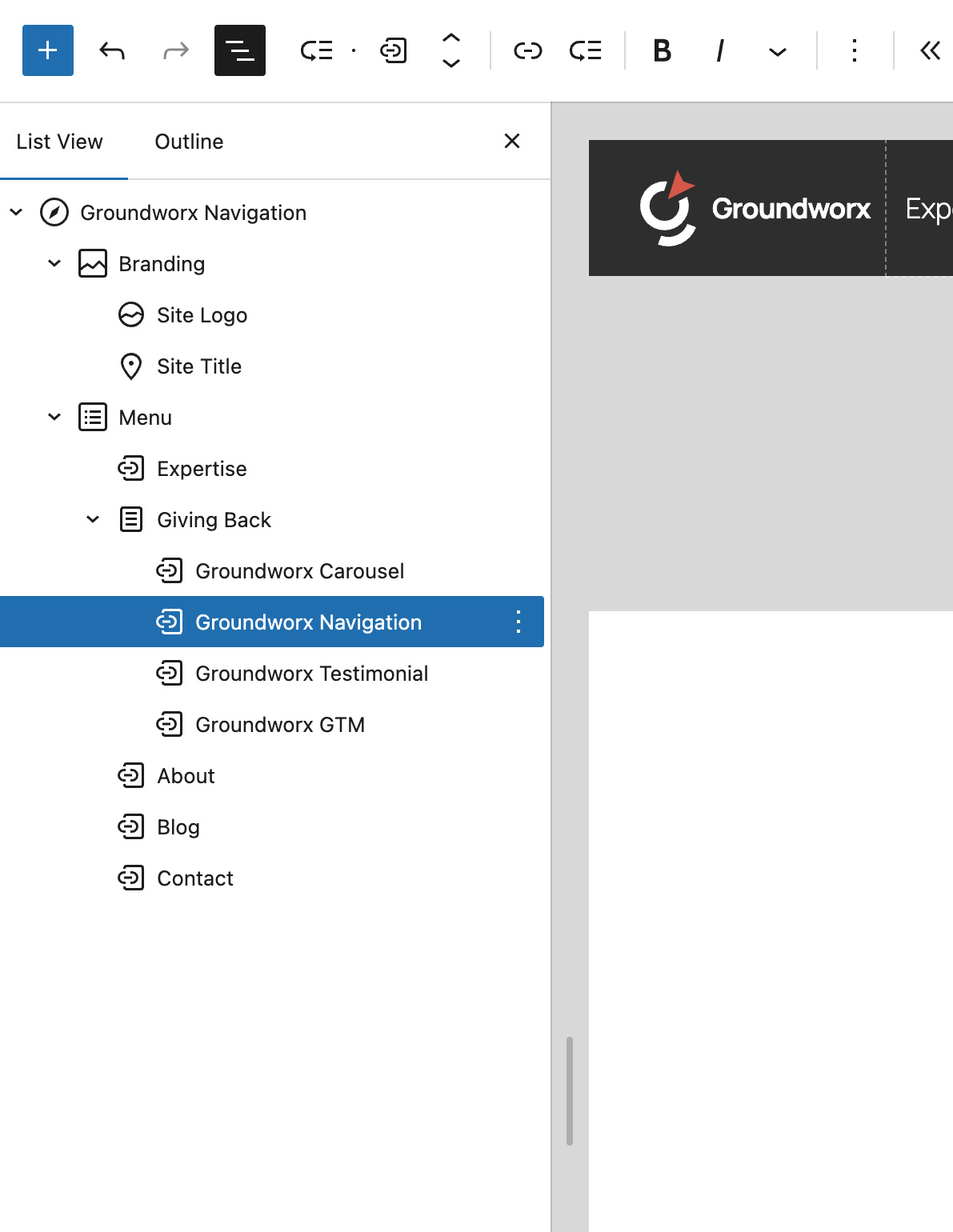 Groundworx Navigation Gutenberg Block