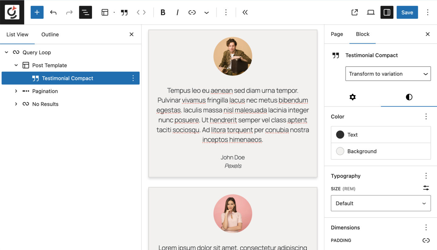 Groundworx Testimonial inside editor loop block