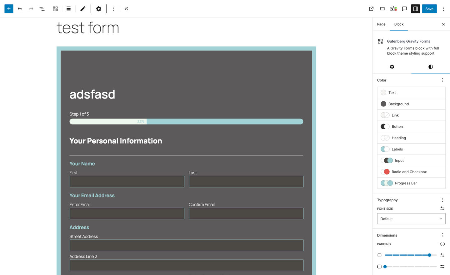 Gravity Forms Gutenberg Settings