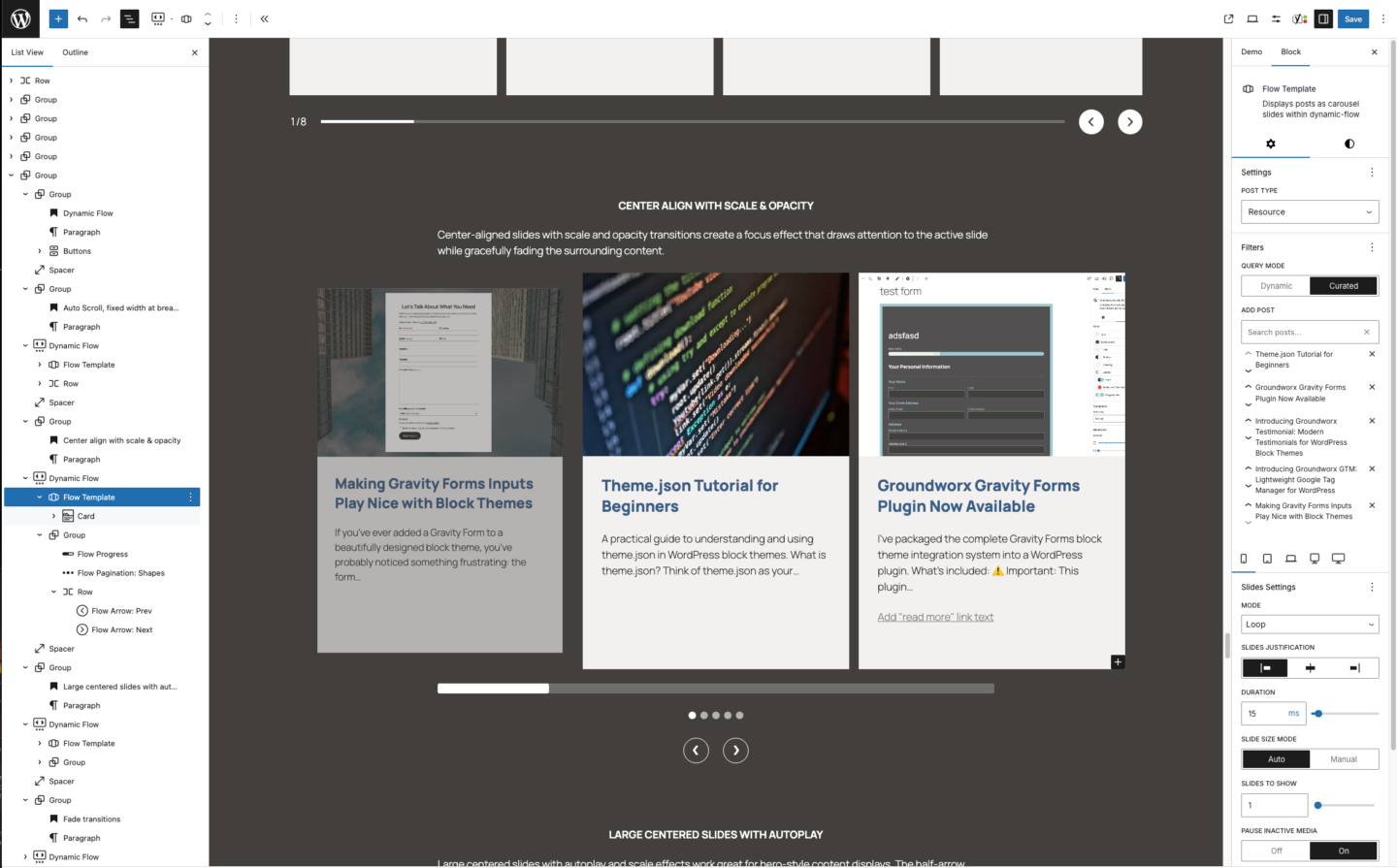 Gutenberg Carousel block with curated posts or dynamic post with filters