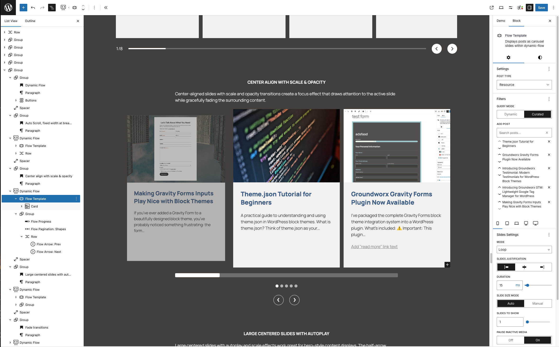 Gutenberg Carousel block with curated posts or dynamic post with filters