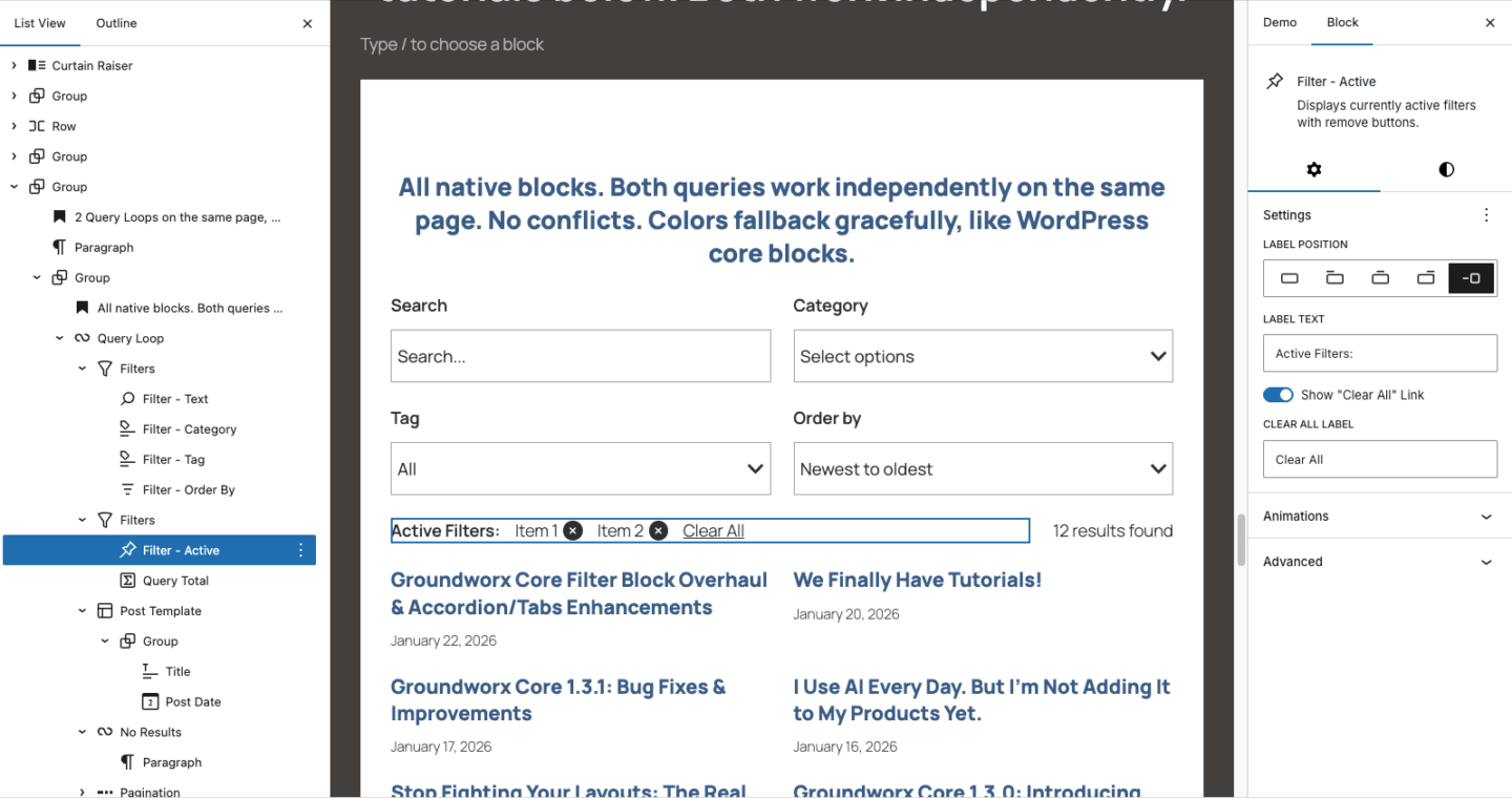 Gutenberg query block active search filter