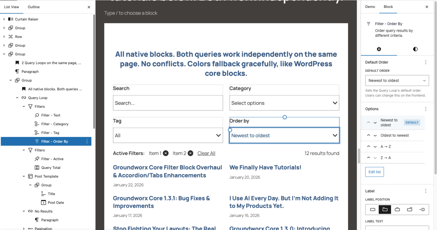 Gutenberg query block order by filter
