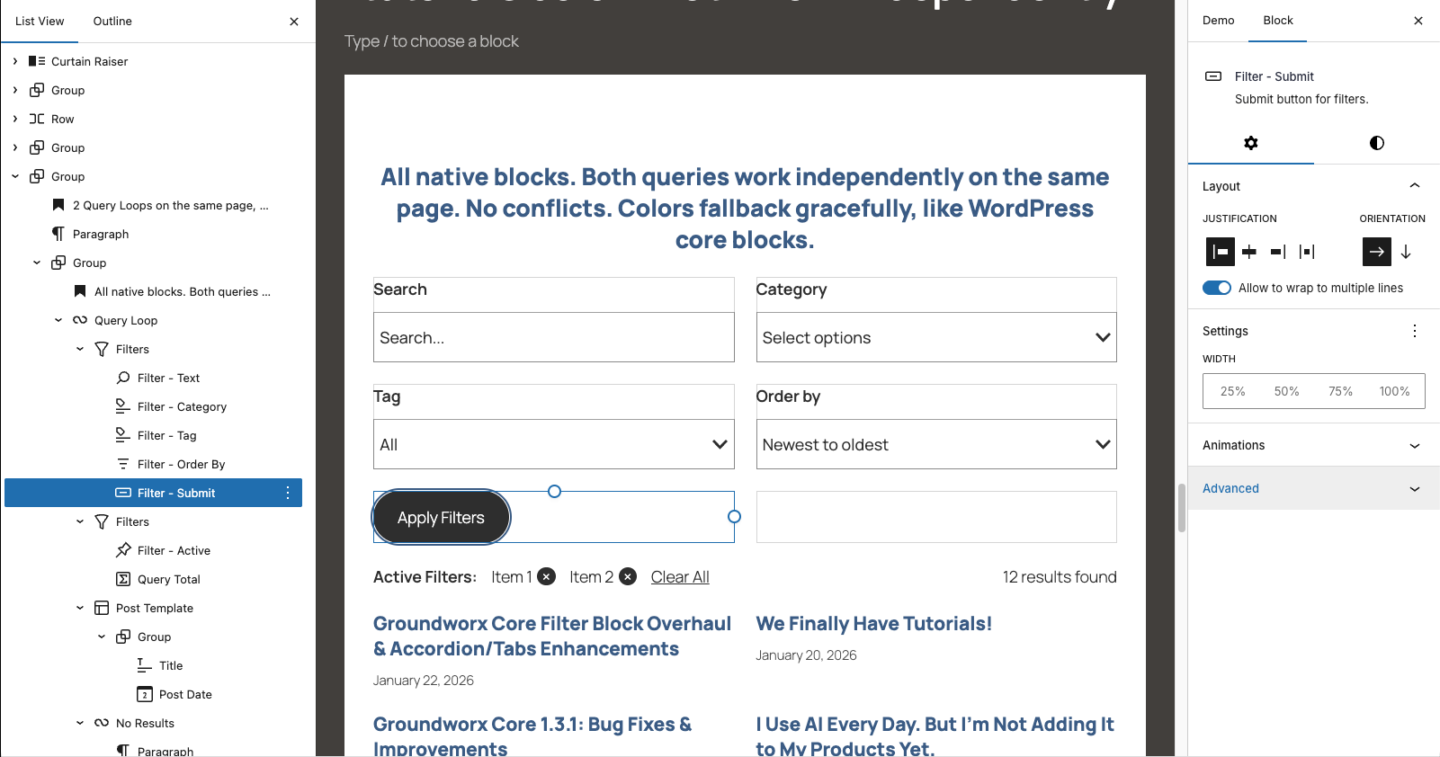 Gutenberg query block submit search filter