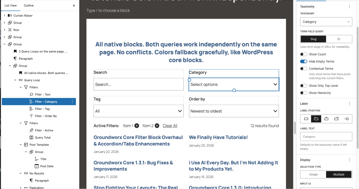 Gutenberg query block terms search filter