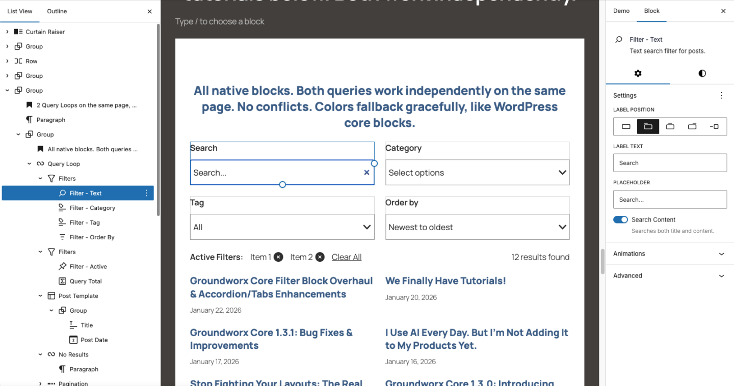 Gutenberg query block search title and content filter