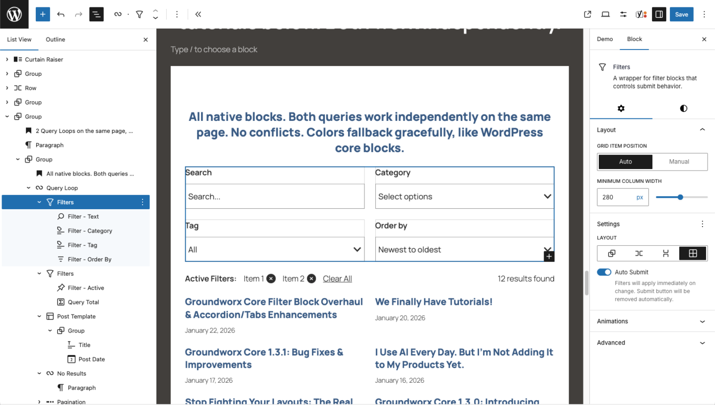 Gutenberg query block search container auto-submit capability
