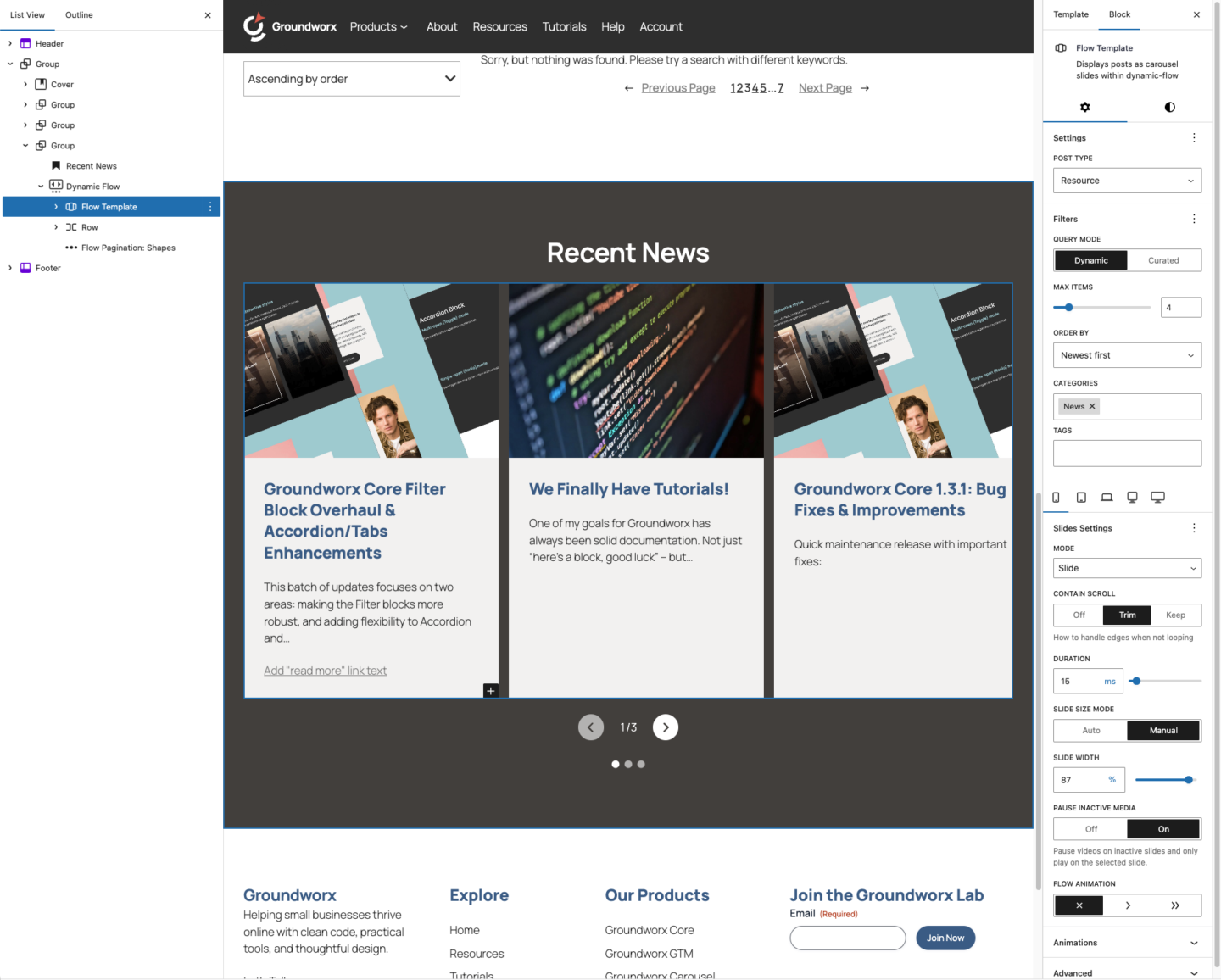 Recent News dynamicly populated into a gutenberg carousel block