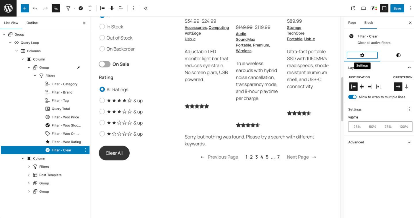 Gutenberg query block clear active filters
