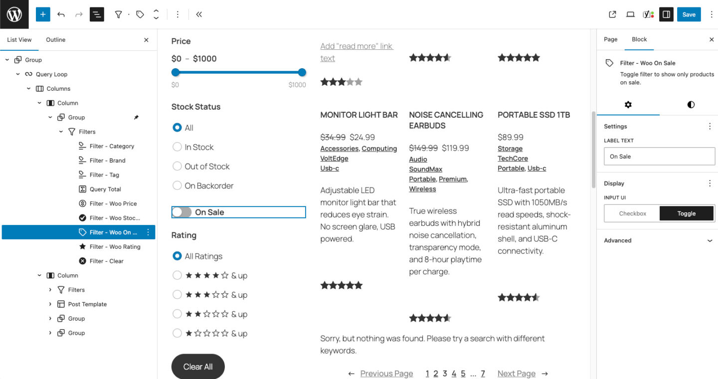 Gutenberg query block WooCommerce On Sale Filter