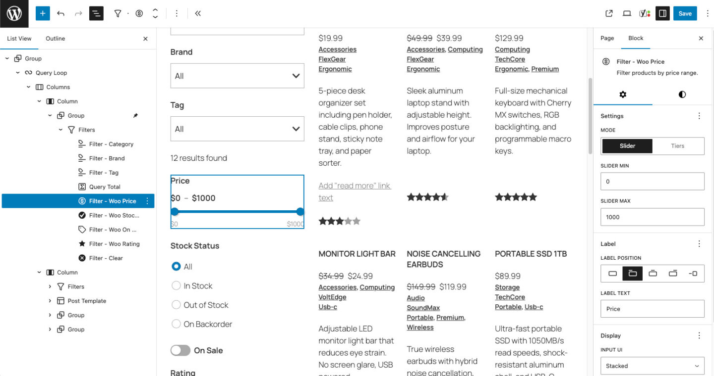 Gutenberg query block WooCommerce Pricing Range Filter