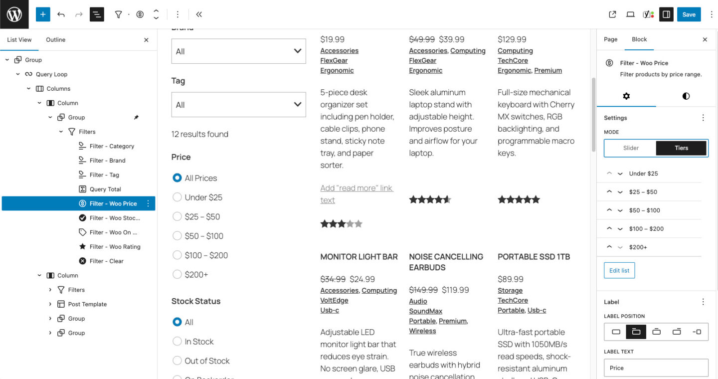 Gutenberg query block WooCommerce Pricing Tier Filter