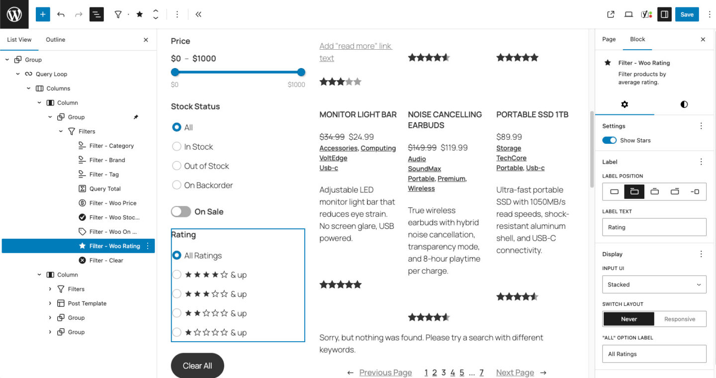 Gutenberg query block WooCommerce Rating Filter