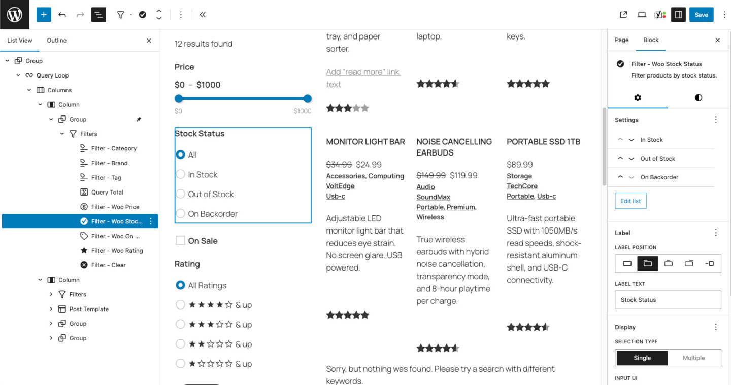 Gutenberg query block WooCommerce Stock Status Filter
